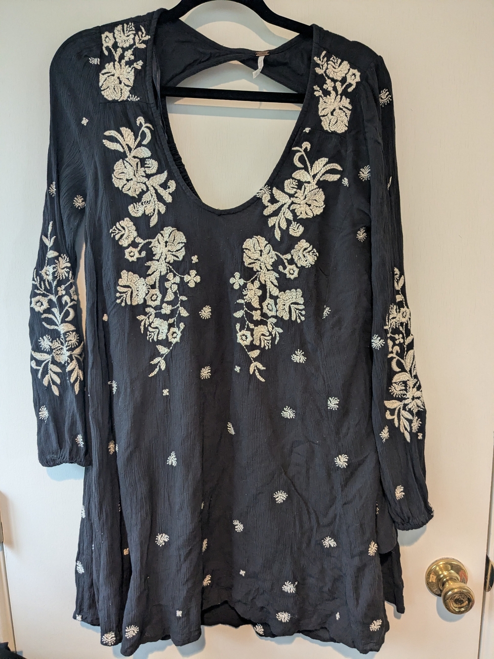 Free People Dark Green Tunic Dress with Cream Floral Embroidery